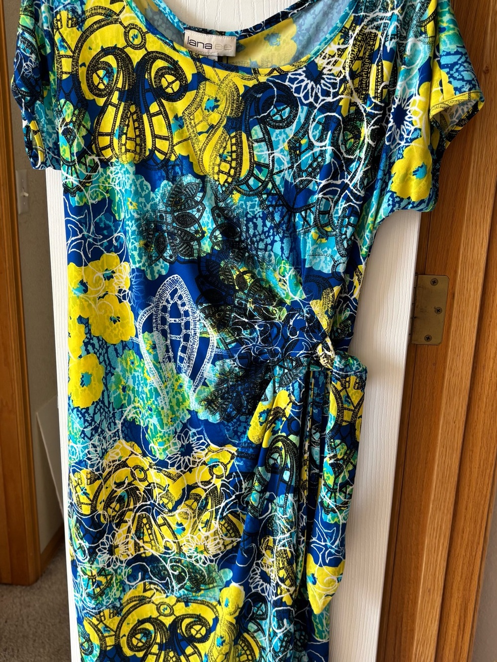 Lana Lee NWT Blue & Yellow Abstract Stretch Dress | Side Tie | Large